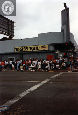 People waiting outside Brass Rail for Pride parade, 1991