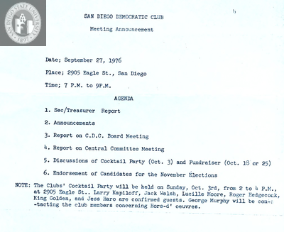 "San Diego Democratic Club Meeting Announcement, September 27," 1976