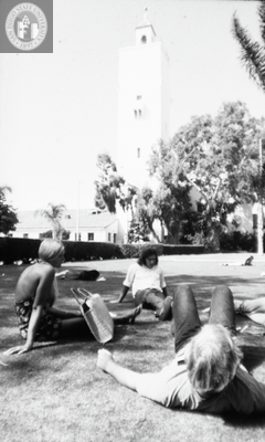 Students on lawn with Hardy Tower