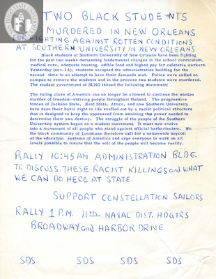 Flyer for Students for a Democratic Society rallies, 1972