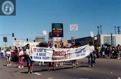 Amnesty International banner at Pride parade, 1999
