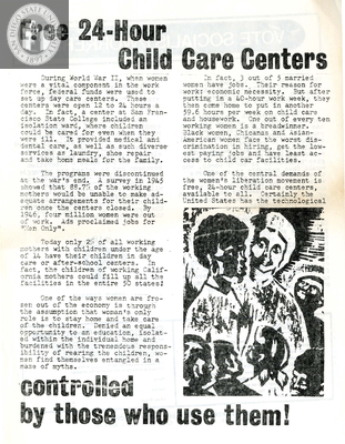 Free 24-hour child care centers controlled by those who use them!