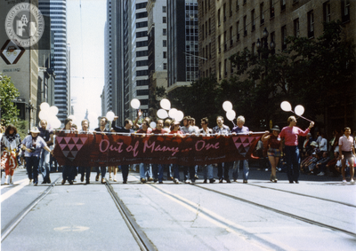 "Out of Many...One" banner in San Francisco Pride Parade, 1982