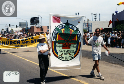Compassionate Gardens banner in Pride parade, 2000