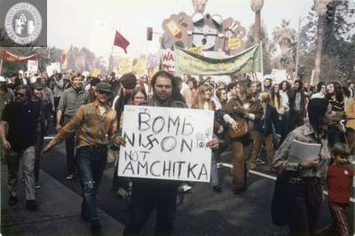 Protester shows sign during Los Angeles Antiwar March, 1971