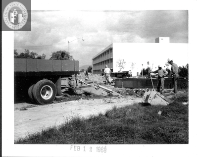 Steam line, Aztec Center construction site, 1968