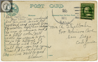 Back of  card. U. S. Grant and  bank, San Diego