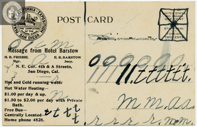 Back of postcard of Hotel Barstow, San Diego
