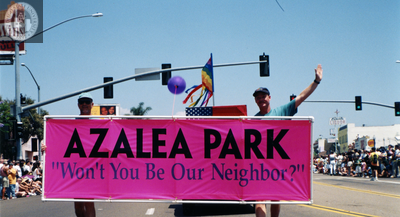 "Azalea Park 'Won't You Be Our Neighbor?'" banner at Pride parade, 1998