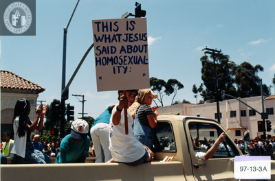 "This is what Jesus said about homosexuality: '  '" sign at Pride parade, 1997