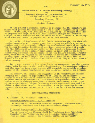 Announcement of a general membership meeting on proposed changes, 1974