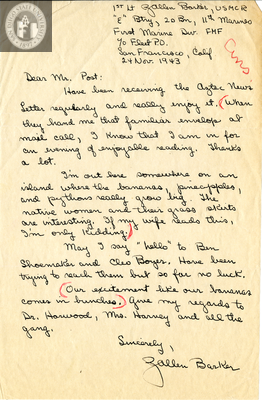 Letter from Zachariah Allen Barker, 1943