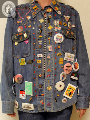 "Vicky" bedazzled jacket with lambdas, triangle, buttons, 2003