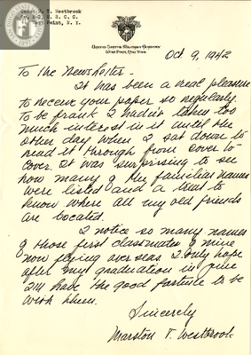 Letter from Marston T. Westbrook, 1942