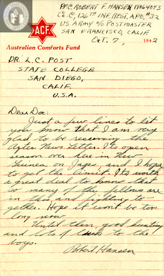 Letter from Robert F. Hansen, 1942