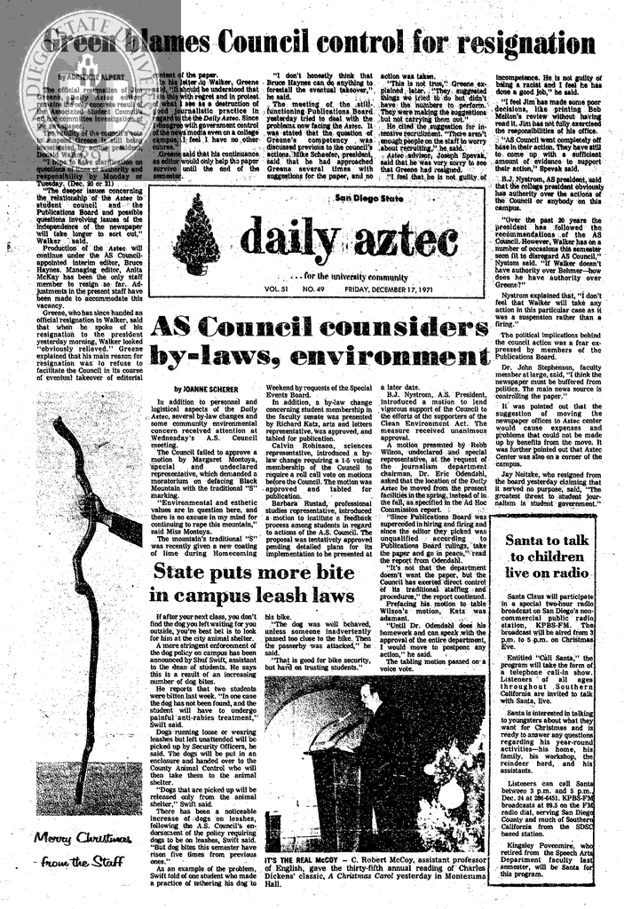 San Diego State Daily Aztec: Friday 12/17/1971