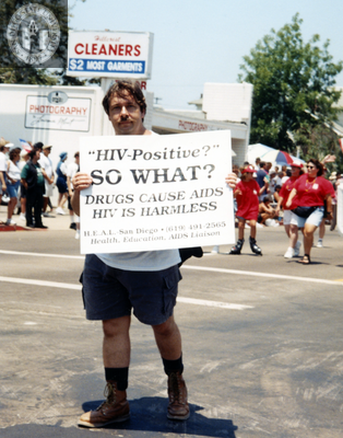 "'HIV-Positive?' So What?" sign at Pride Parade, 1996