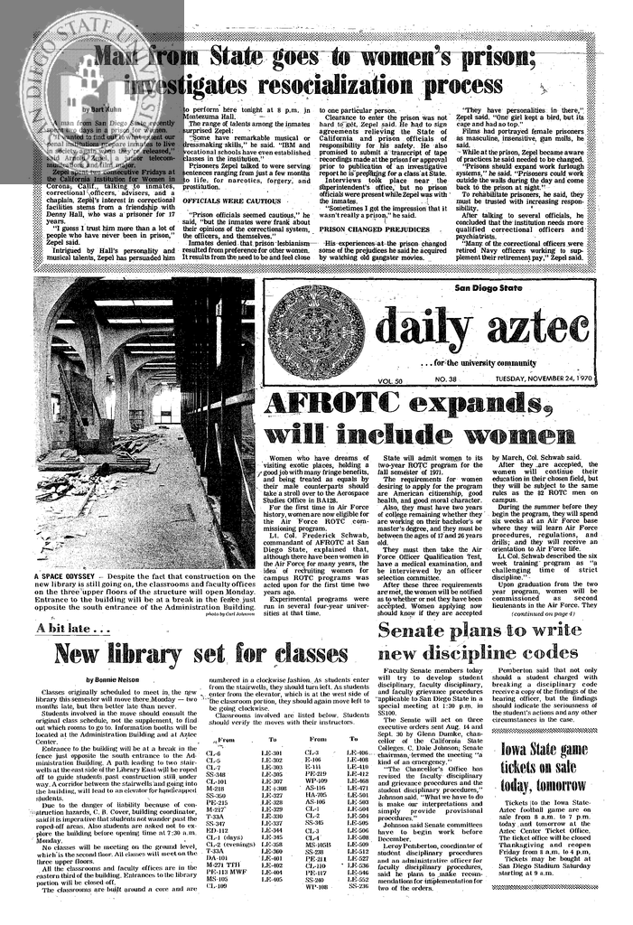 San Diego State Daily Aztec: Tuesday 11/24/1970