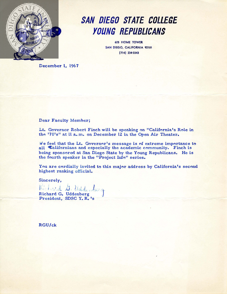 Letter to San Diego State College faculty members, 1967