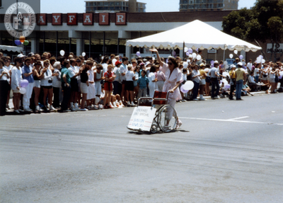 "Honoree Grand Marshall Sharon Kowalski" wheelchair in Pride parade, 1988