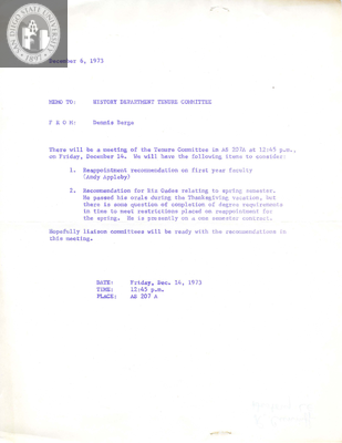Memorandum to History Department tenure committee, 1973