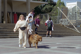 Woman with guide dog outside Aztec Center, 1996