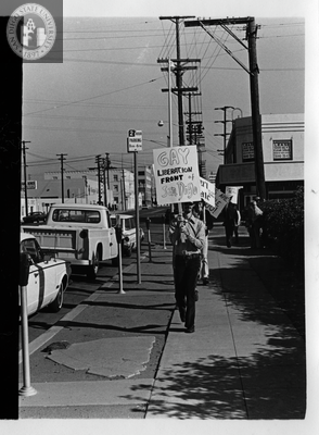 Stephen Bell leading picket line during Gay Liberation Front picket at SDPD, 1971