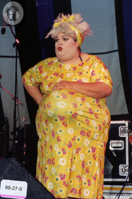 Drag queen performer with flower dress at Pride Festival, 1999