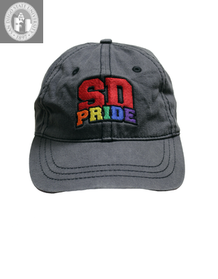 "SD [San Diego] Pride" in rainbow colors on a baseball cap