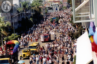 Bird's-eye view of Pride parade and crowd of watchers, 1999