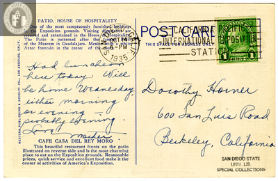 Postcard back, patio, House of Hospitality, 1935