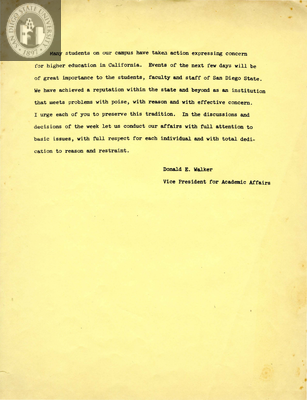 Letter from Vice President for Academic Affairs, 1969