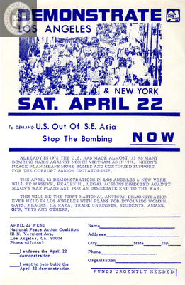 Demonstrate Los Angeles & New York Saturday April 22, 1972