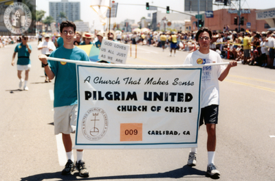 Pilgrim United Church of Christ banner in Pride parade, 1999