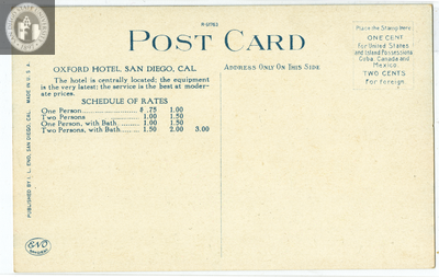 Back of card of Oxford Hotel, San Diego