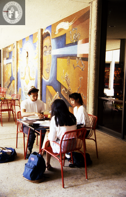 Students beside mural in Aztec Center, 1991