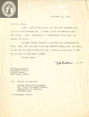 Letter from Ted Ballam, 1942 