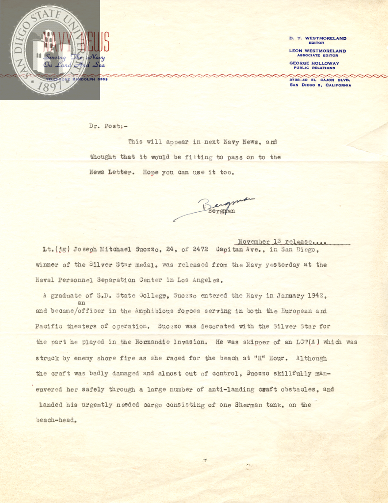 Letter from George Bergman, 1944