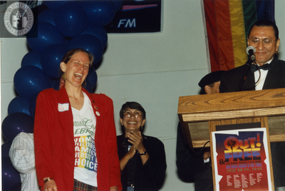 Vickie Randle receiving an Out & Free award at San Diego Pride, 1995