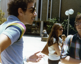 Two individuals conversing at Civic Center demonstration, 1977