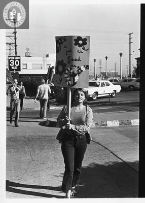 Picketer with "Gay is just as good as straight" sign, 1971
