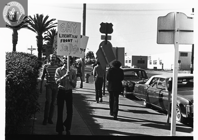 Stephen Bell and picketers during Gay Liberation Front picket at SDPD, 1971