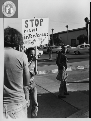 "Stop police interference" sign, Gay Liberation Front picket, 1971