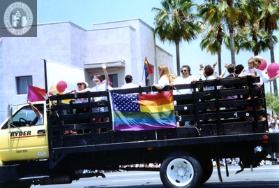 Cynthia Lawrence-Wallace riding in Pride parade, 1992