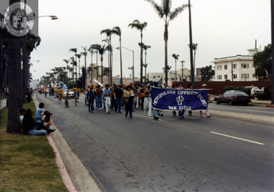 "Metropolitan Community Church San Diego" banner at Pride parade, 1982