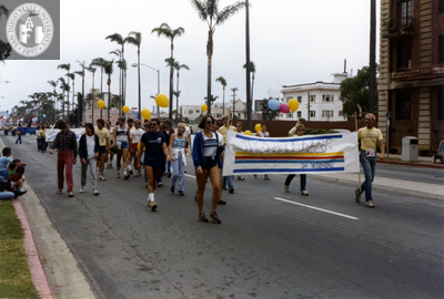 "Frontrunners, San Diego-GAU" banner at Pride parade, 1982