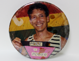 "Pride = Power" button with Frank Nobiletti in front of lambda pride flag, 1992