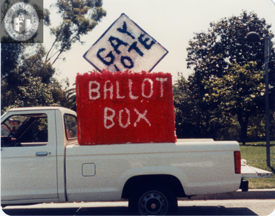 "Gay vote" in "Ballot Box" float on pickup truck, 1984