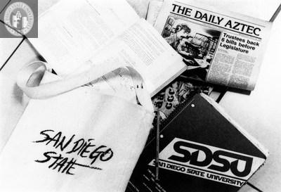 Photographic collage of a bag with a book, newspaper, notebook, and pencil, 1985