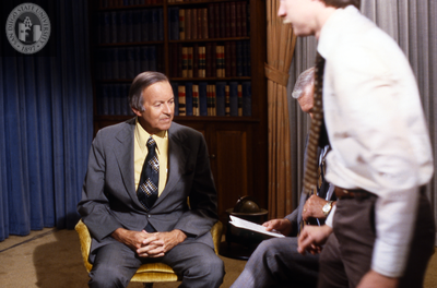 Lionel Van Deerlin in television studio, 1978
